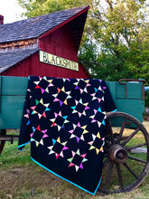 Load image into Gallery viewer, Scrappy Star quilt, bright modern BLACK background
