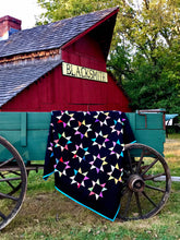 Load image into Gallery viewer, Scrappy Star quilt, bright modern BLACK background