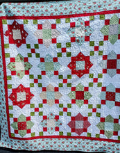 Load image into Gallery viewer, I Believe In Angels; Blue, red and green stars handmade Christmas Quilt.