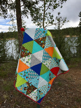 Load image into Gallery viewer, New handmade baby quilt, bright, scrappy look, triangles, modern
