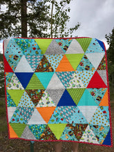 Load image into Gallery viewer, New handmade baby quilt, bright, scrappy look, triangles, modern
