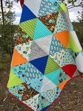 Load image into Gallery viewer, New handmade baby quilt, bright, scrappy look, triangles, modern
