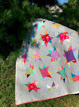 Load image into Gallery viewer, Modern quilt, bright scrappy stars, Gray background.
