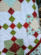 Load image into Gallery viewer, I Believe In Angels; Blue, red and green stars handmade Christmas Quilt.
