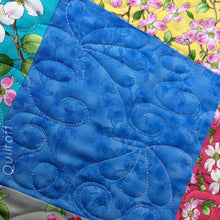 Load image into Gallery viewer, Available now: baby quilt, bright, scrappy look, floral, dogwood
